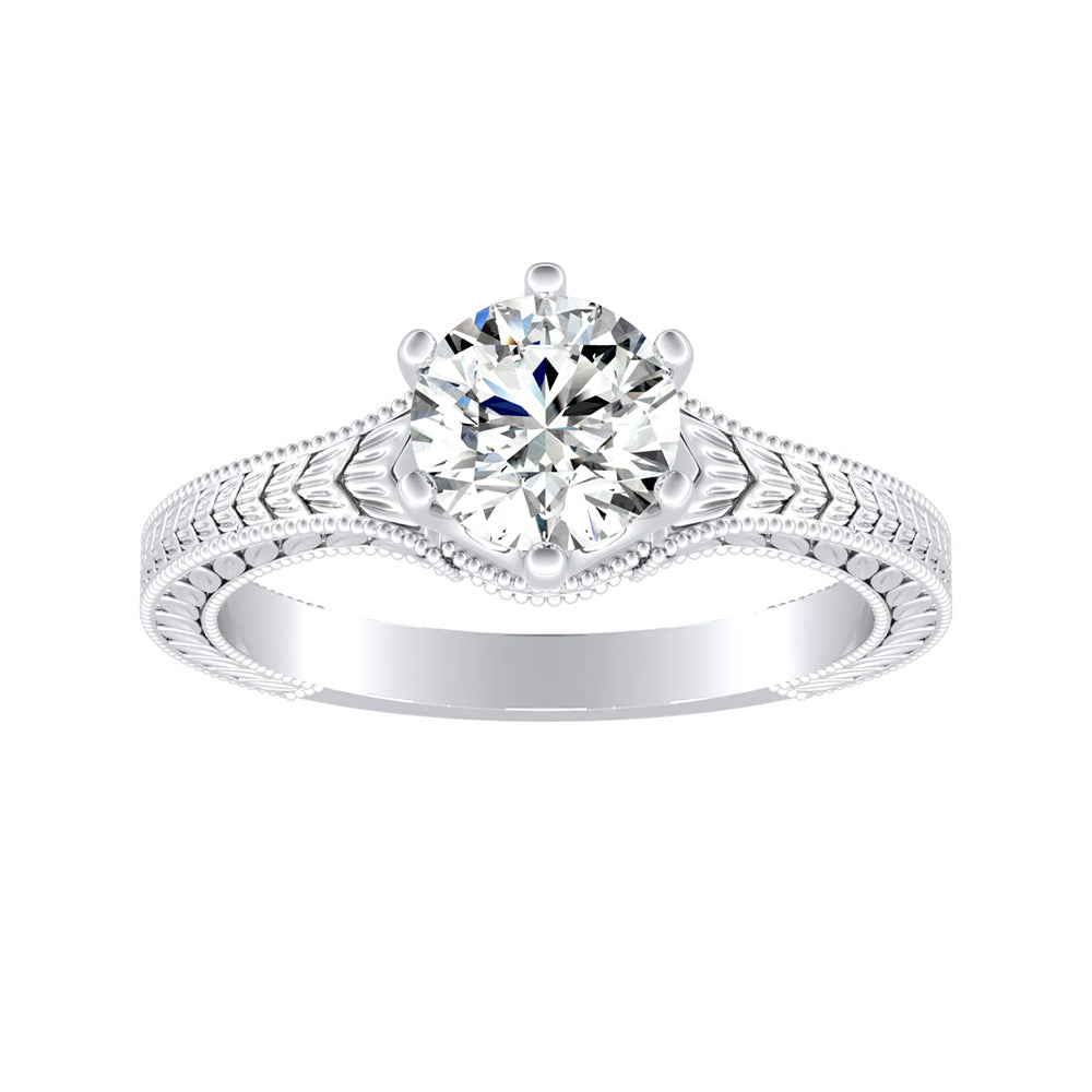 Simran Collection — 1.00 ct. Center Round Lab Grown Vintage Solitaire Diamond Engagement Ring in 14K White Gold
