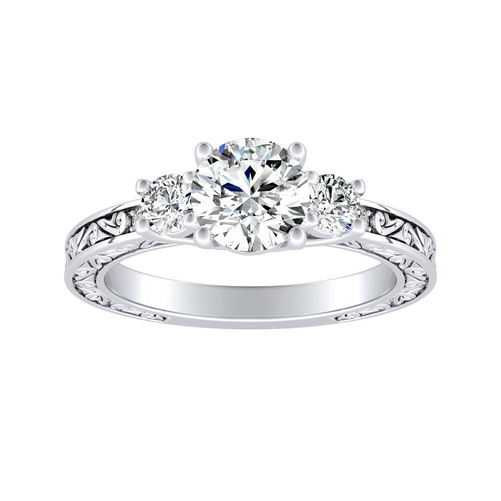 Simran Collection — Three Stone Round Lab Grown Diamond Engagement Ring 1.00 ct. Center in 14K White Gold