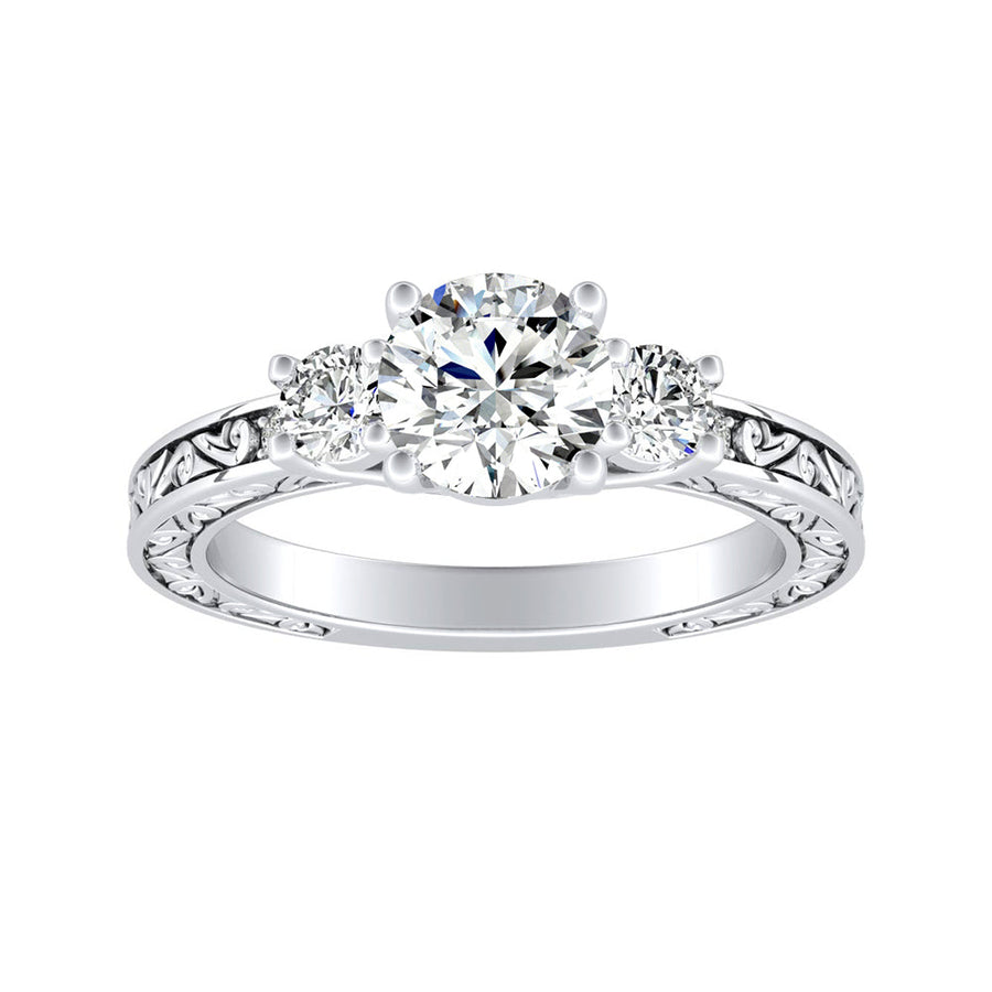 Simran Collection — Three Stone Round Lab Grown Diamond Engagement Ring 1.00 ct. Center in 14K White Gold