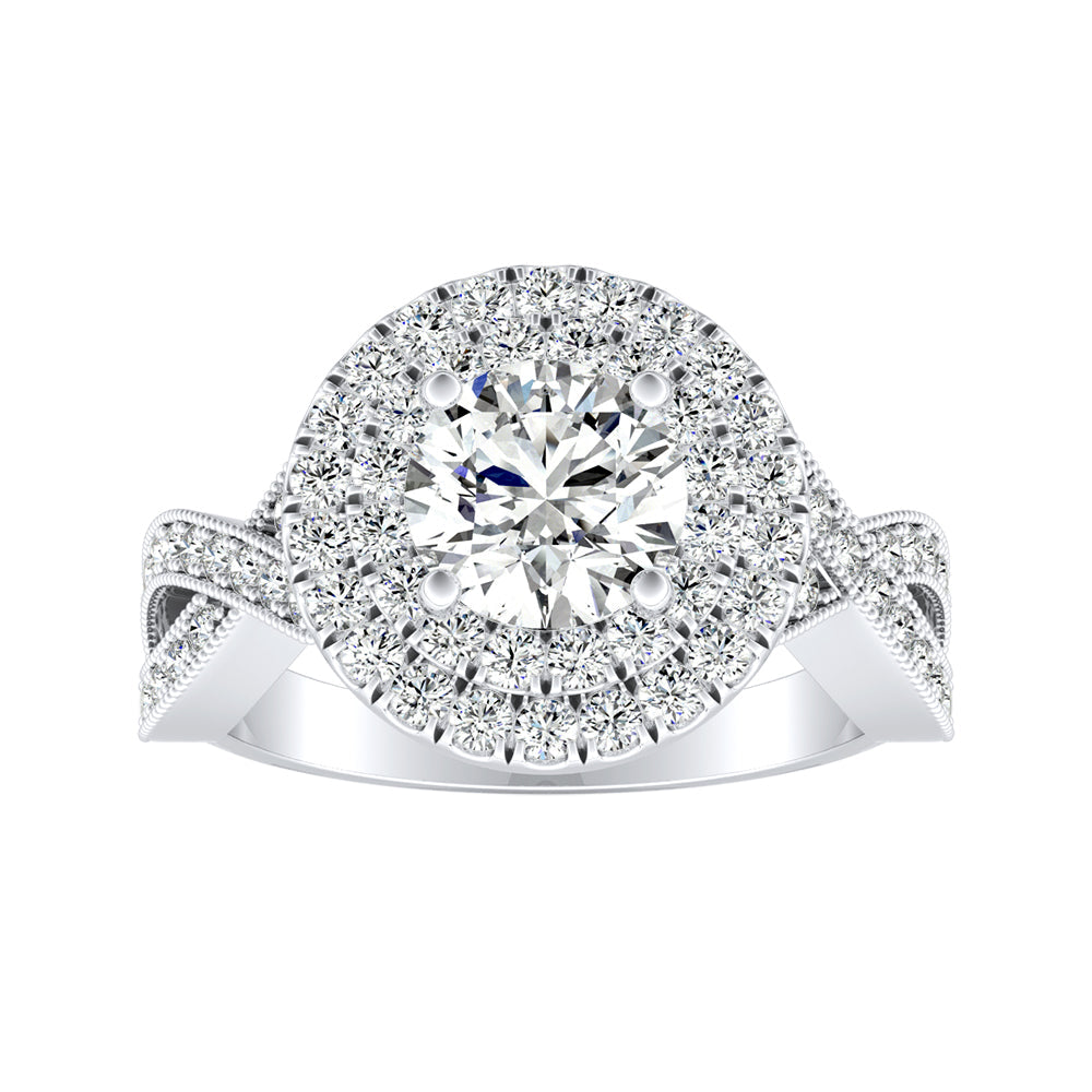 Simran Collection — Double Halo 1.00 ct. Center Round Lab Grown Diamond Engagement Ring in 14K White Gold