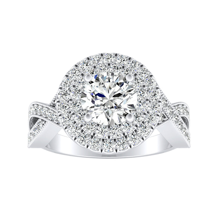 Simran Collection — Double Halo 1.00 ct. Center Round Lab Grown Diamond Engagement Ring in 14K White Gold