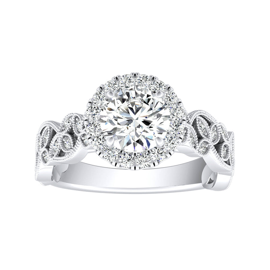 Simran Collection — Vintage Halo 1.00 ct. Center Round Lab Grown Diamond Engagement Ring in 14K White Gold
