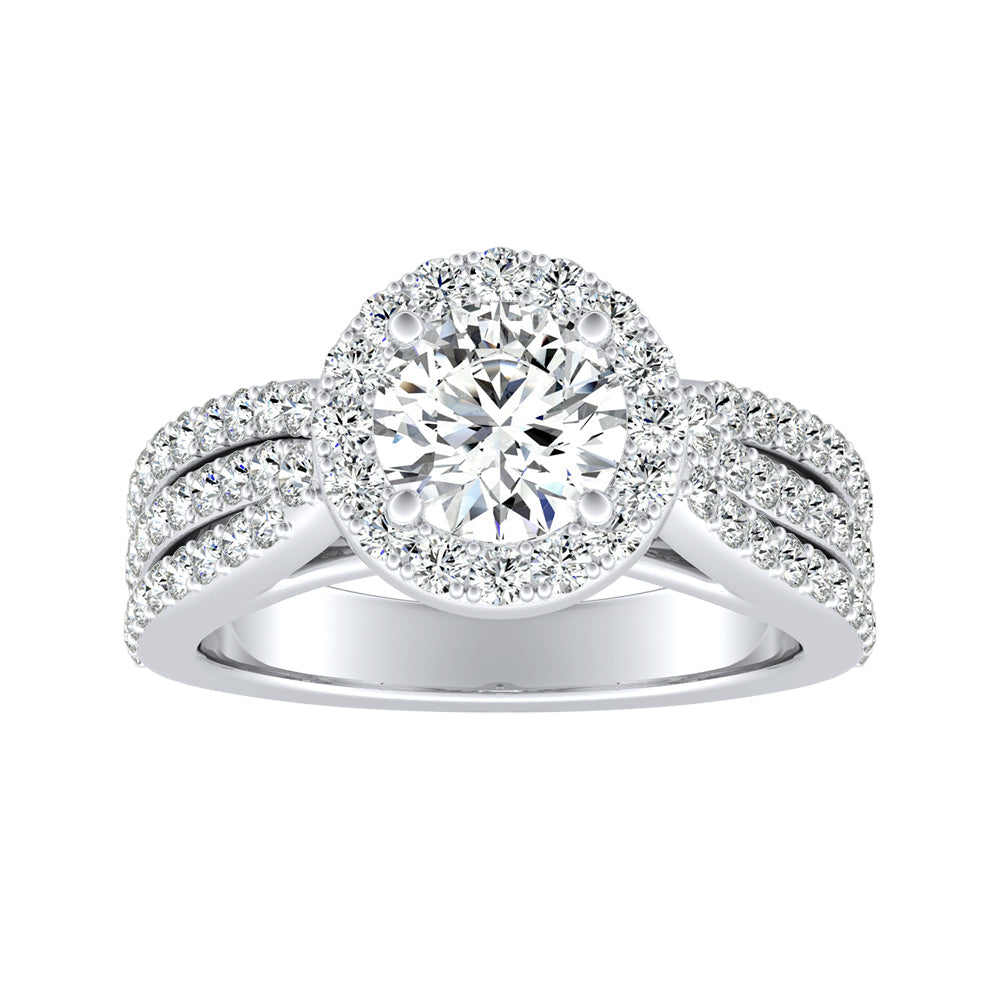 Simran Collection — Halo Three Row 1.00 ct. Center Round Lab Grown Diamond Engagement Ring in 14K White Gold