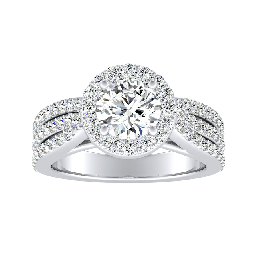 Simran Collection — Halo Three Row 1.00 ct. Center Round Lab Grown Diamond Engagement Ring in 14K White Gold
