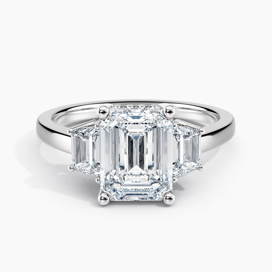 Simran Collection — Under Halo Three Stone Lab Grown Diamond Engagement Ring 1.50 ct. Center Emerald Lab Grown Diamond with Lab Grown Trapezoid Side Stones in 14K White Gold