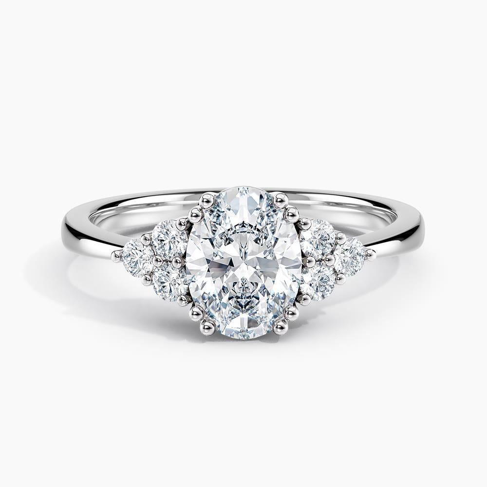 Simran Collection — Dainty Three Stone Diamond Engagement Ring with  1.00 ct. Center Oval Lab Grown Diamond in 14K White Gold