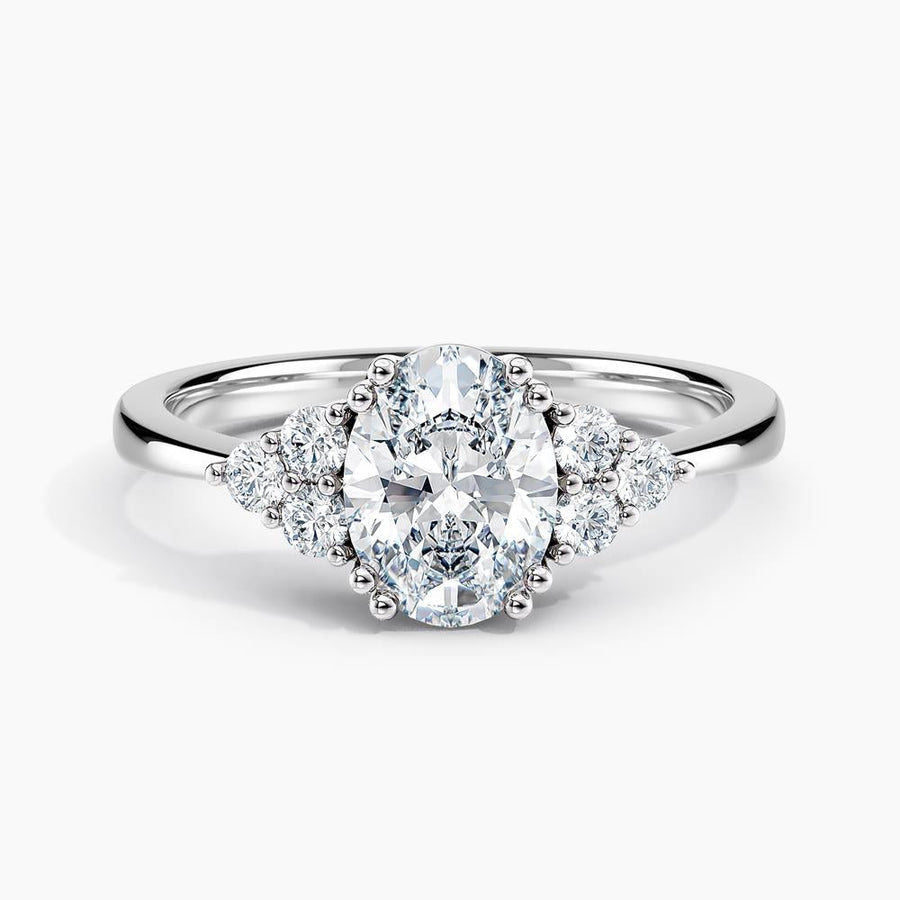 Simran Collection — Dainty Three Stone Diamond Engagement Ring with  1.00 ct. Center Oval Lab Grown Diamond in 14K White Gold