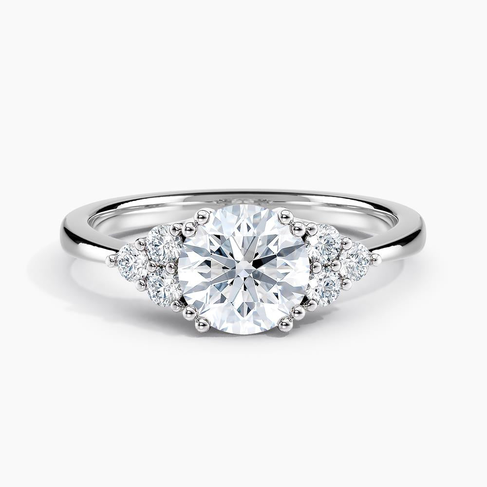 Simran Collection — Dainty Three Stone Diamond Engagement Ring with  1.00 ct. Center Round Lab Grown Diamond in 14K White Gold