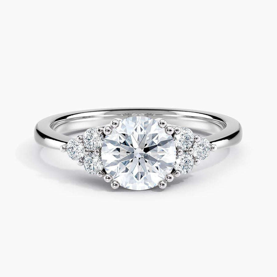 Simran Collection — Dainty Three Stone Diamond Engagement Ring with  1.00 ct. Center Round Lab Grown Diamond in 14K White Gold