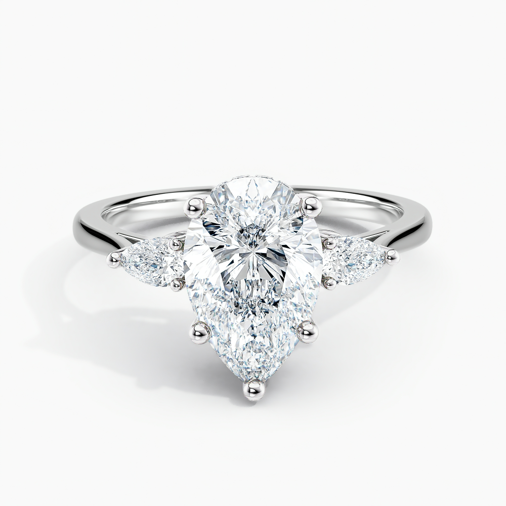 Simran Collection — Under Halo Three Stone Lab Grown Diamond Engagement Ring 1.00 ct. Center Pear Lab Grown Diamond in 14K White Gold