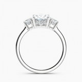 Under Halo Three Stone Lab Grown Diamond Engagement Ring 1.00 ct. Center Oval Lab Grown Diamond in 14K White Gold. he ring can be set with other shapes, carat weights and clarity . Please contact us with any questions.