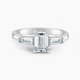 Under Halo Three Stone Lab Grown Diamond Engagement Ring 1.00 ct. Center Emerald Lab Grown Diamond with Lab Grown Tapered Baguette Side Stones in 14K White Gold