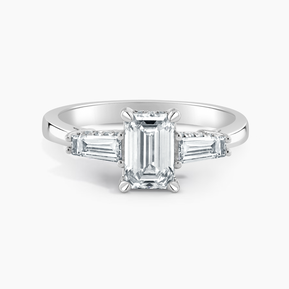 Simran Collection — Under Halo Three Stone Lab Grown Diamond Engagement Ring 1.00 ct. Center Emerald Lab Grown Diamond with Lab Grown Tapered Baguette Side Stones in 14K White Gold