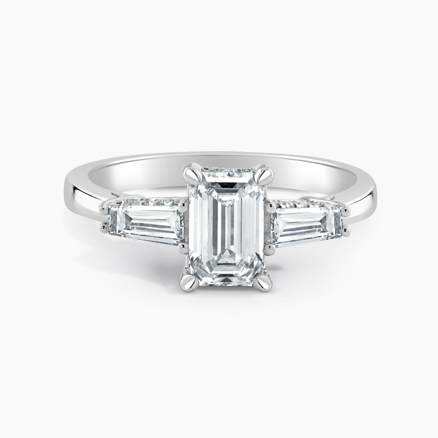 Simran Collection — Under Halo Three Stone Lab Grown Diamond Engagement Ring 1.00 ct. Center Emerald Lab Grown Diamond with Lab Grown Tapered Baguette Side Stones in 14K White Gold
