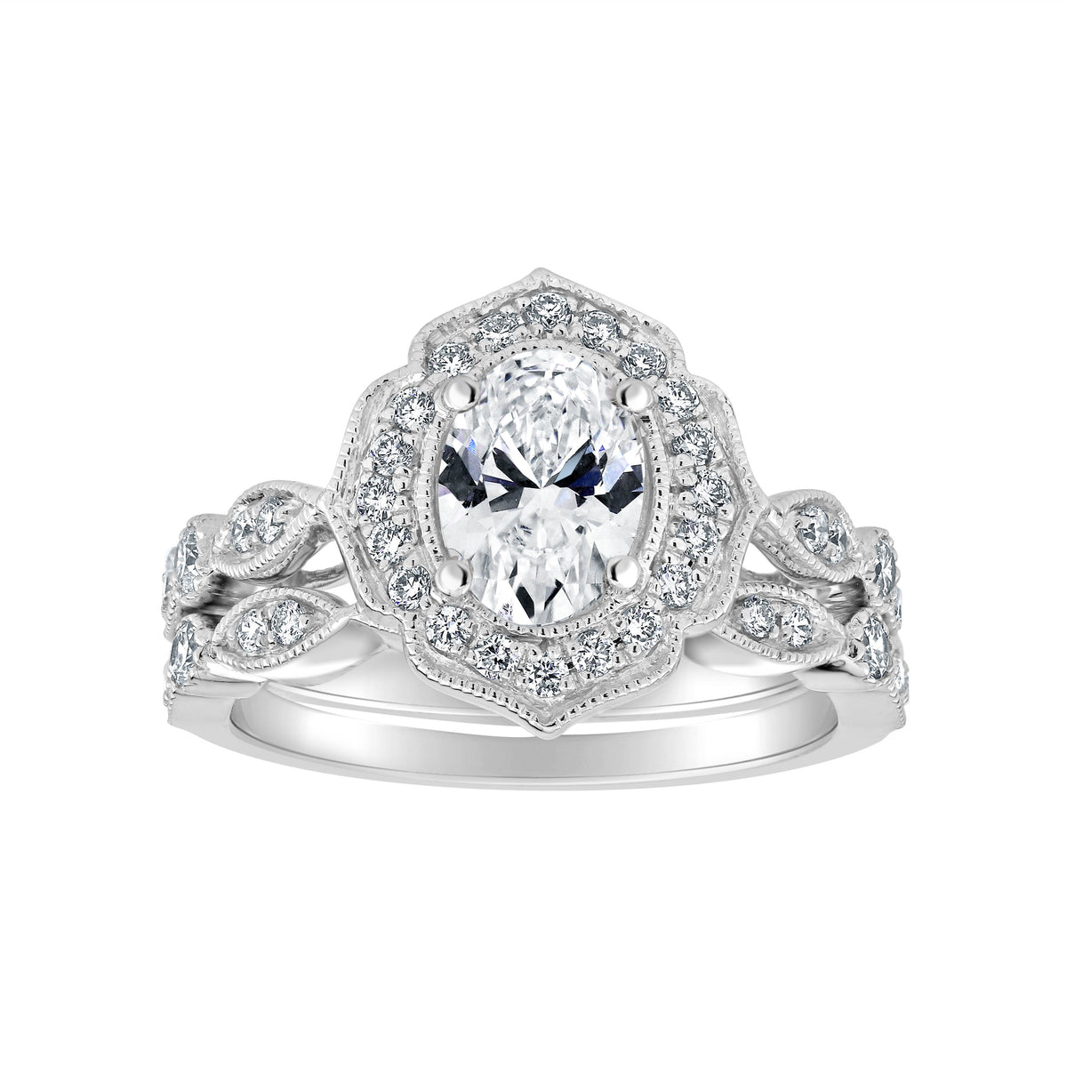 Simran Collection — Halo 1.00 ct. Center Oval Lab Grown Vintage Diamond Engagement Ring in 14K White Gold
