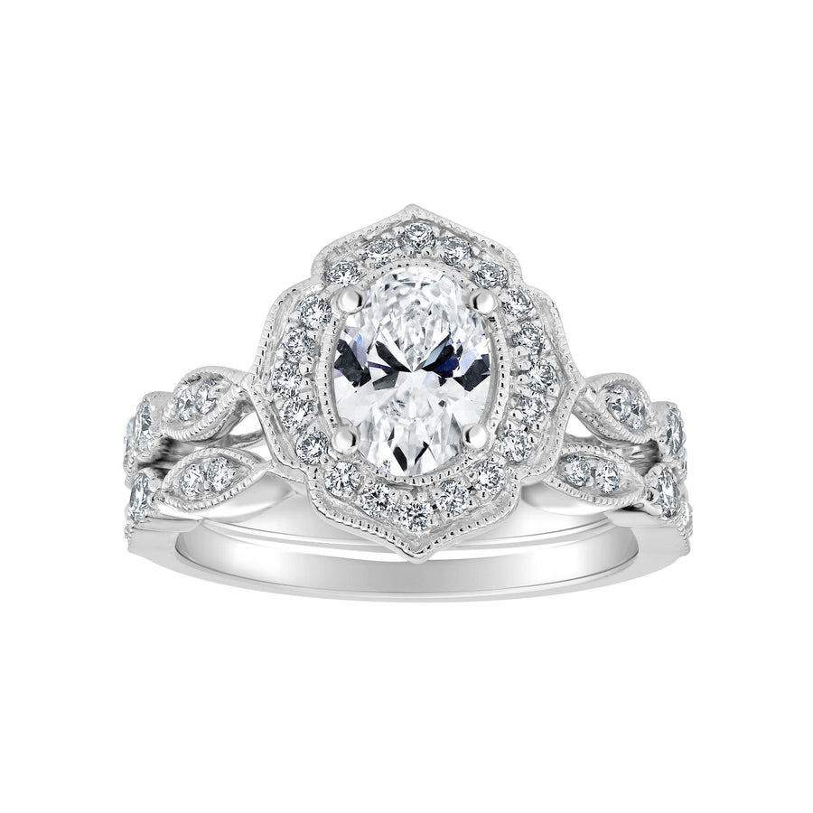 Simran Collection — Halo 1.00 ct. Center Oval Lab Grown Vintage Diamond Engagement Ring in 14K White Gold